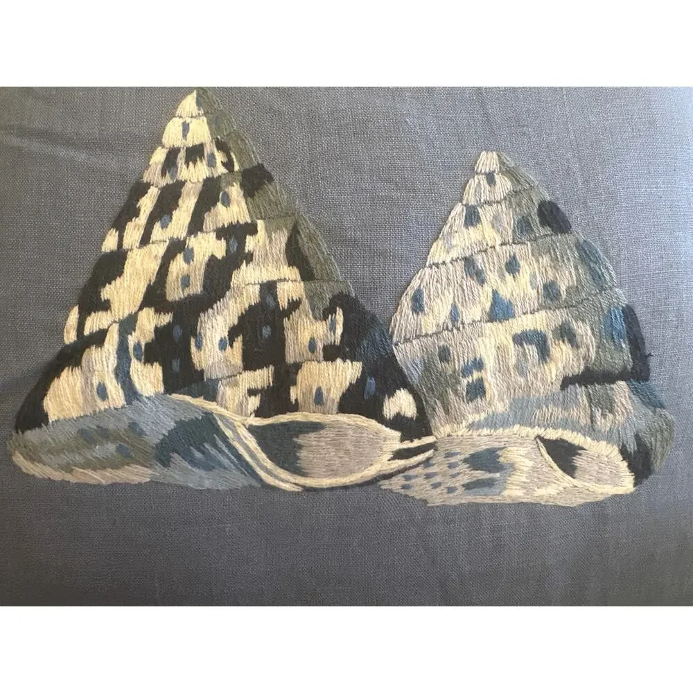 KUK May Embroidered Linen Pillow seashells Nautcial Blue white 20
